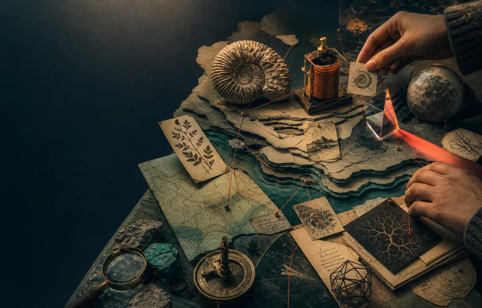 Hands connect a fossil, electrical coil, prism, globe and botanical specimens across a layered investigation table.